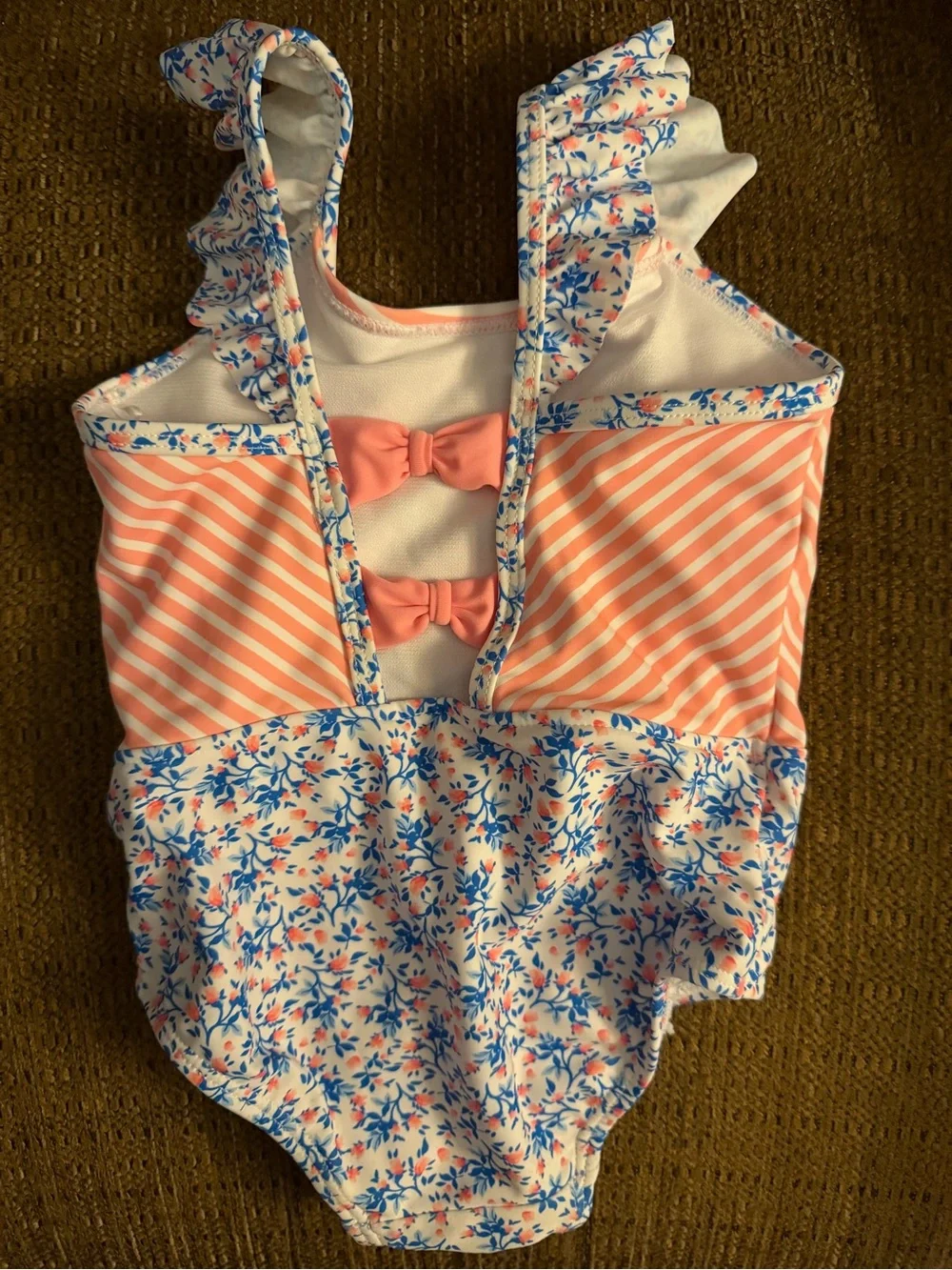 Ruffle Butts Coral Stripe and Blue Floral Ruffle-Trim One-Piece Swimsuit
